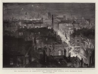 A megvilágítás a koronázás napján, általános nézet, lenézve a Waterloo Place-re alkotó: William Lionel Wyllie